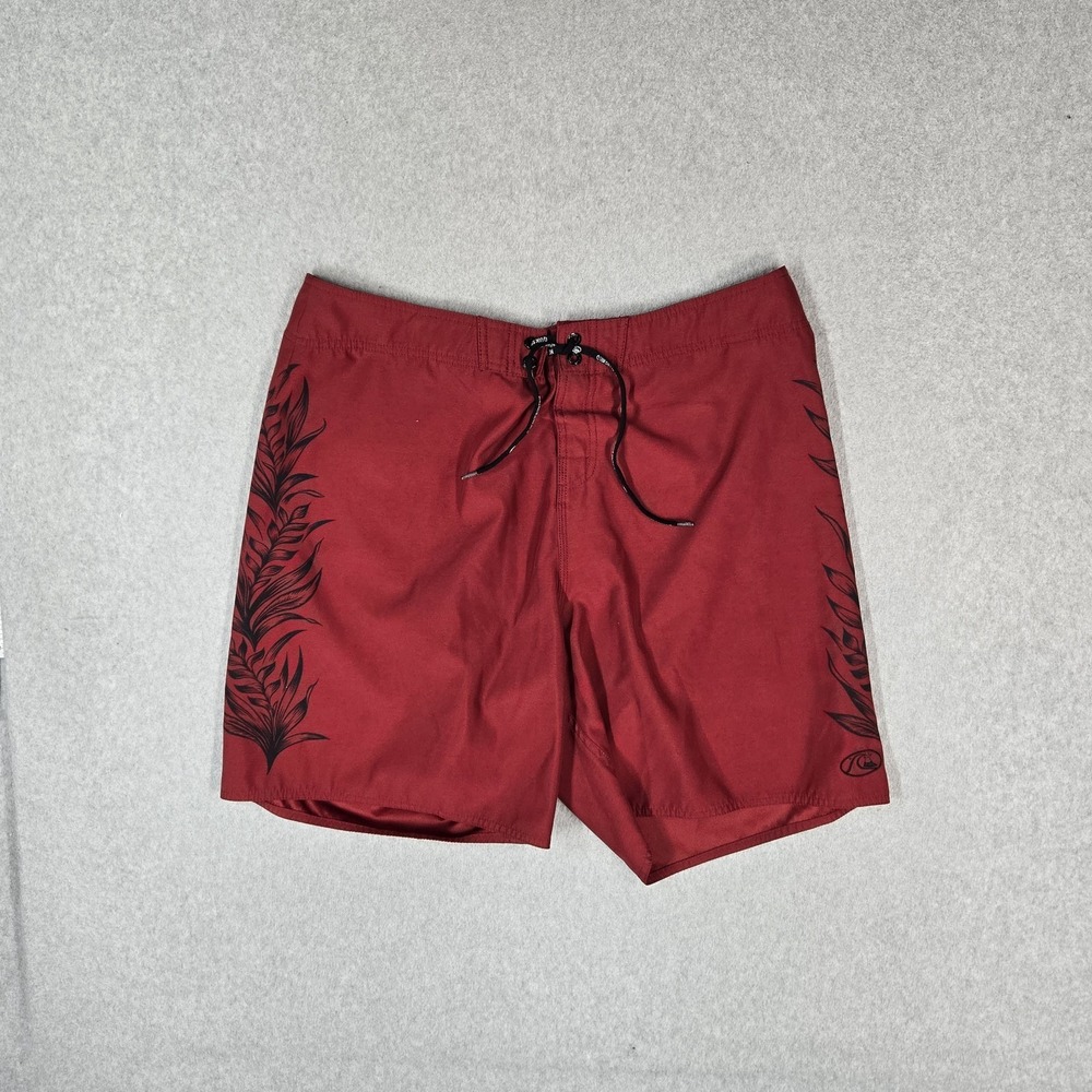 Quiksilver Men Shorts 38 Red Swimwear Floral Leaf Print Board Shorts Logo 9"